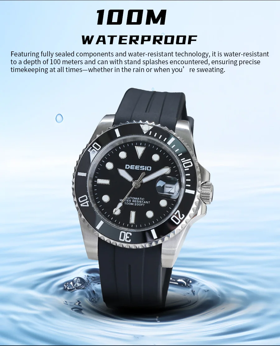 Deesio Luxury Men's Full Automatic Mechanical Watch, 316L Stainless Steel Case, Silicone Strap, Date Display, Luminous Hands, Upgrade 100M Waterproof, High-Mineral Glass, Sport Sweatproof, Self-Wind & Manual Wind, Black Classic Business Casual Design
