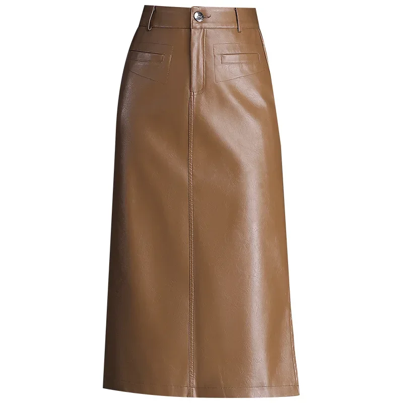 Ladies mid-length side slit one-step genuine sheepskin long leather skirt