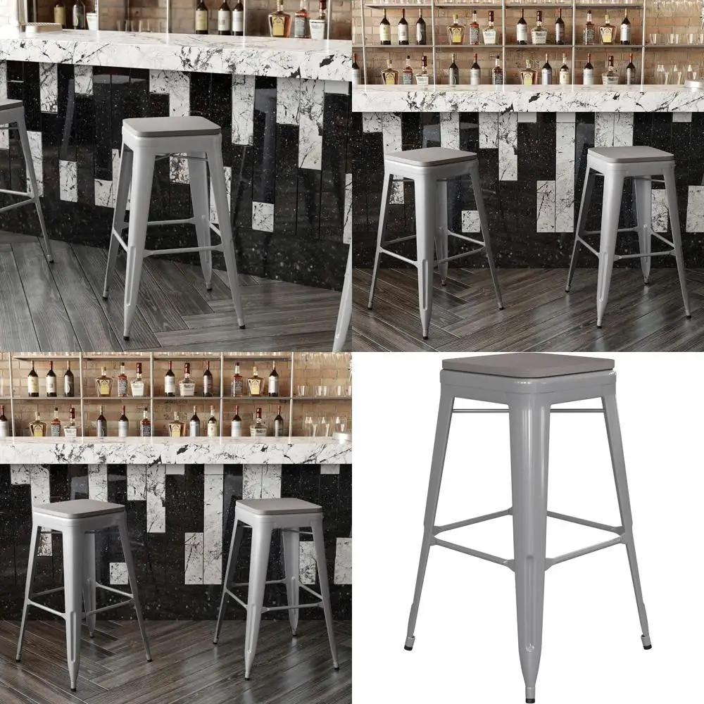

Gray Poly Resin Seat Bar Stool - Silver Metal, 30 High, Backless, Indoor-Outdoor Use