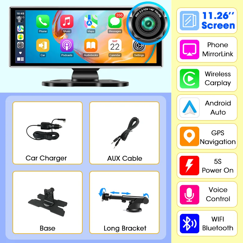Srnubi 10.26/11.26 Inch Dash Cam 4K CarPlay Android Auto DVR 5G WIFI Dashcam GPS navigatie Video Recorder Achteruitkijkcamera