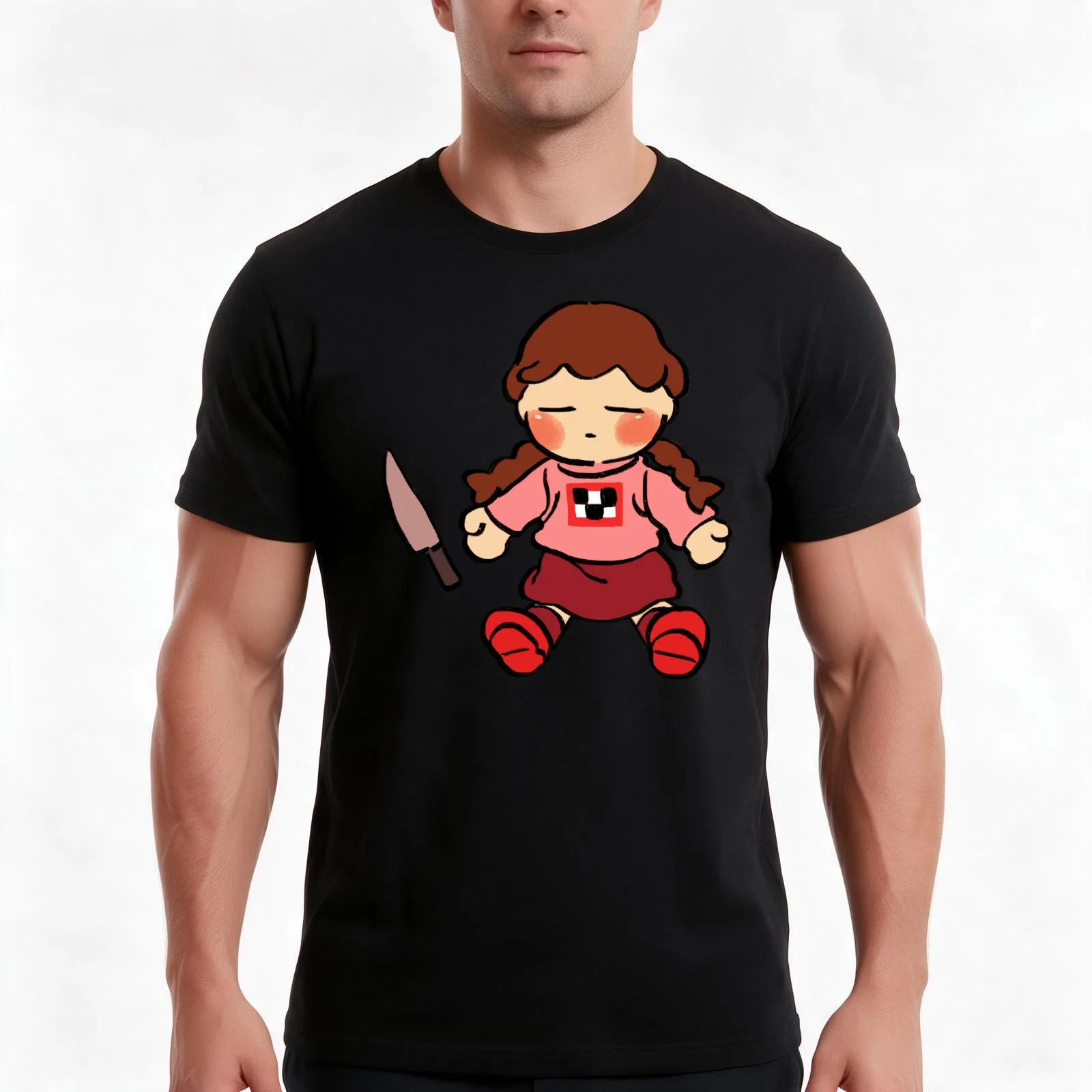 I draw madotsuki plush with knife normal colors ver. / yume nikki T-Shirt, Summer Casual Cotton Tee, Oversized Streetwear Tops