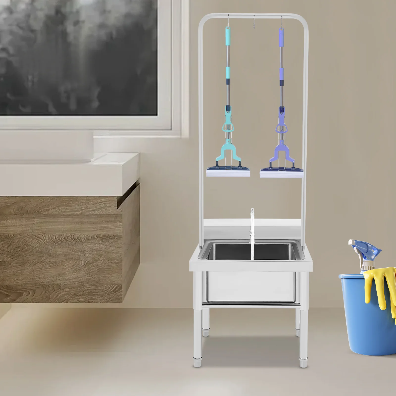 

201 Stainless Steel Floor Mop Sink 60x60x175cm/23.62x23.62x68.9in with Practical Drain Filter And Hanging Rod for Home Cleaning