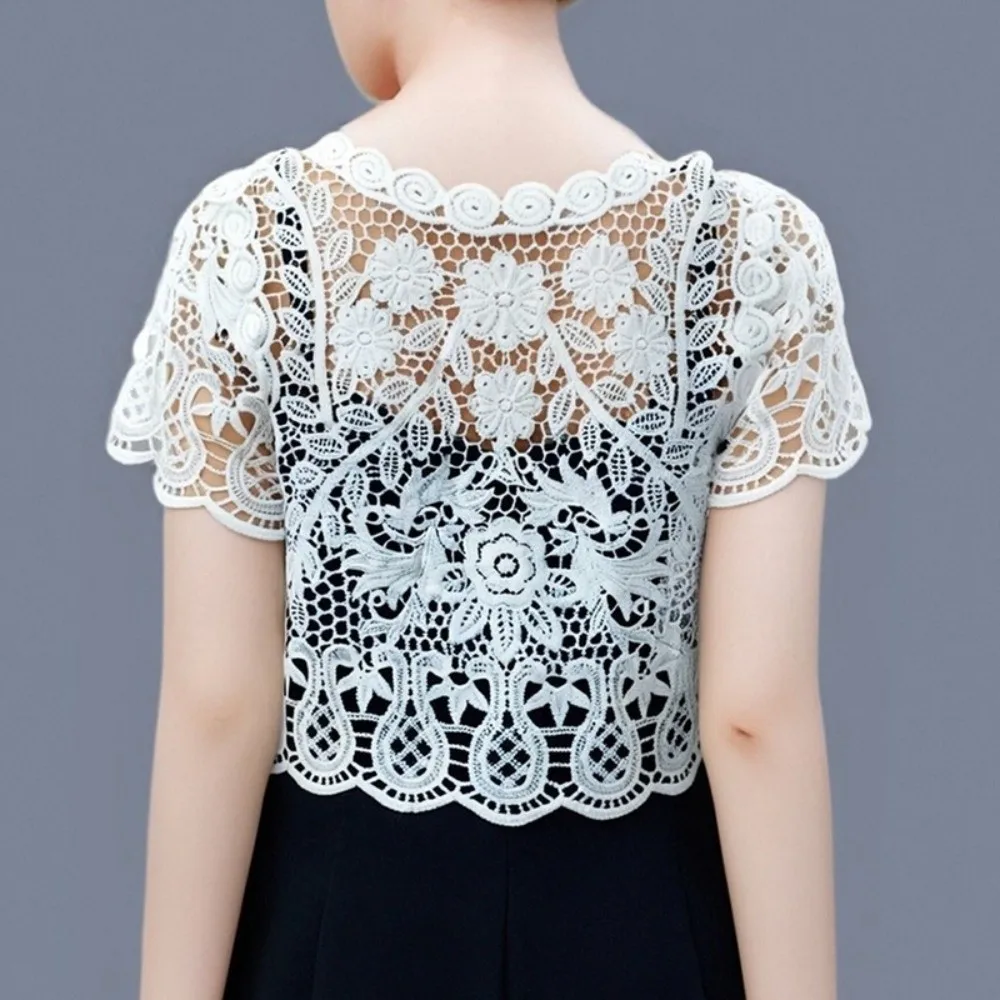 

Black/White Bridal Summer Jacket Open Front Short Sleeve Knit Vest Crop Style Floral Pattern Floral Crochet Cover for Women