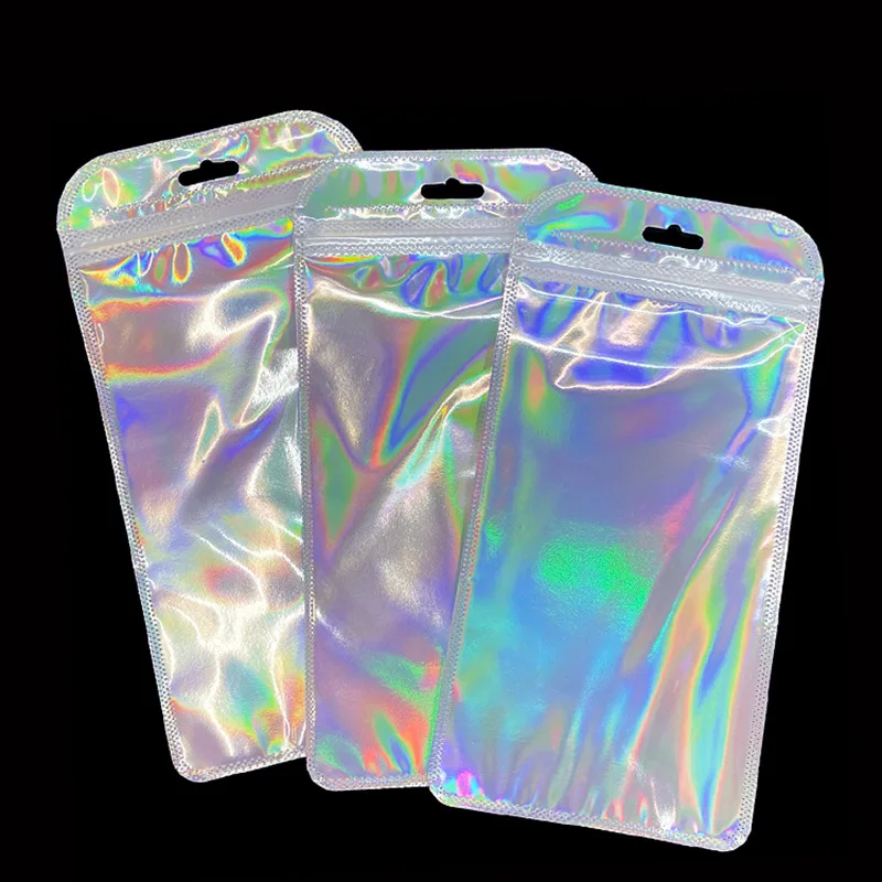 50pcs Iridescent Ziplock Bag Transparent Laser Thicken Plastic Seal Bags for Jewelry Display Handicrafts Nail Eyelash Packaging