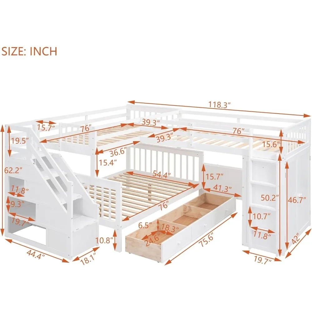 LShape Triple Bunk Beds with Stairs and DeskTwin Over Full Bunk Bed with Storage Wardrobe,Shelves and Drawers,Wood3Beds Bunk Bed