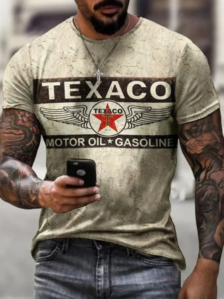 New Men\'s T-shirt Texaco Gasoline+Engine Oil Letters 3D Printed Short Sleeve Tees Summer Oversized Round Neck Retro Man T Shirts