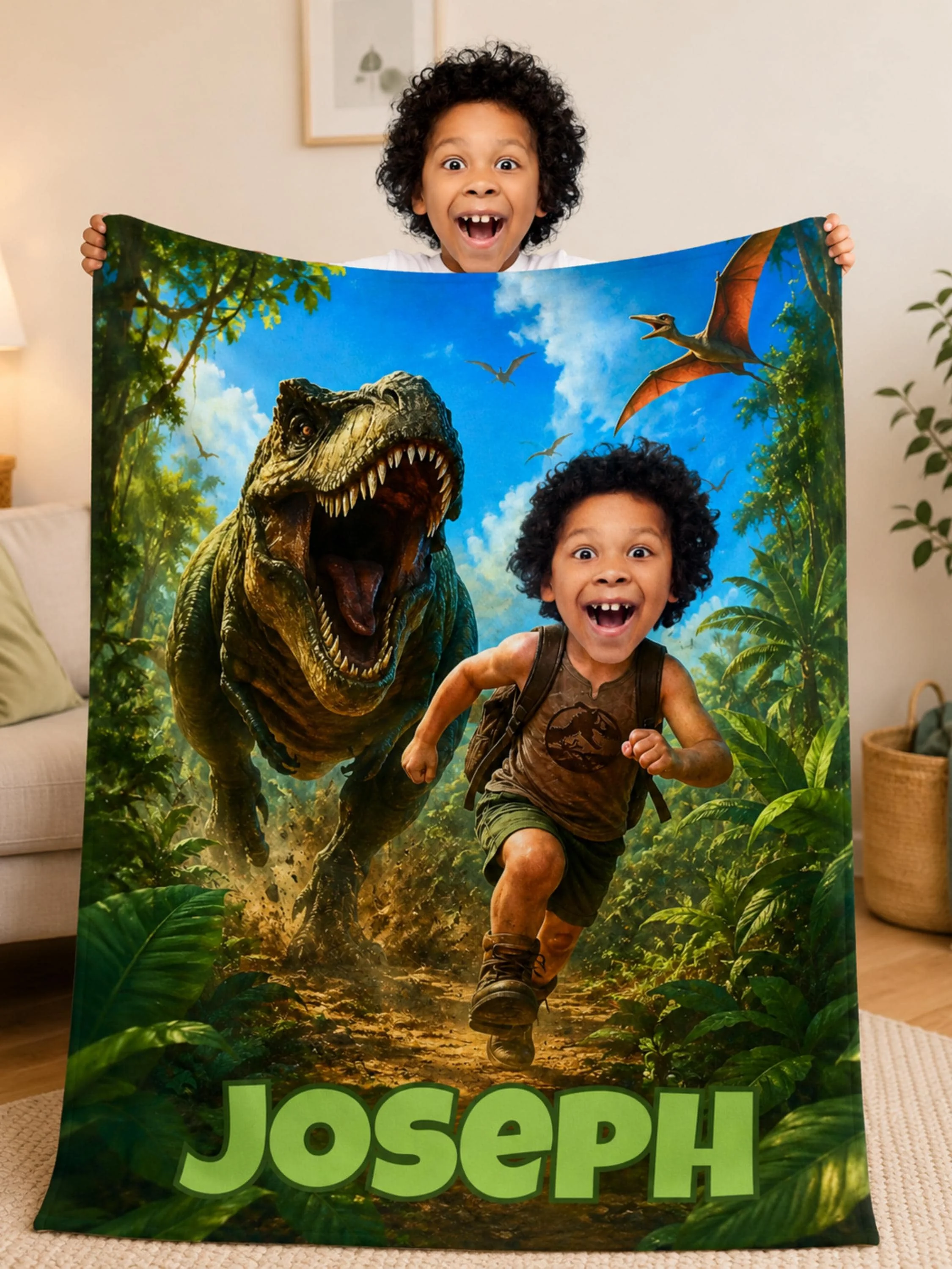 Personalized Dinosaur Chase Blanket with Child’s Photo & Name, Custom Dino T Rex for Kids.