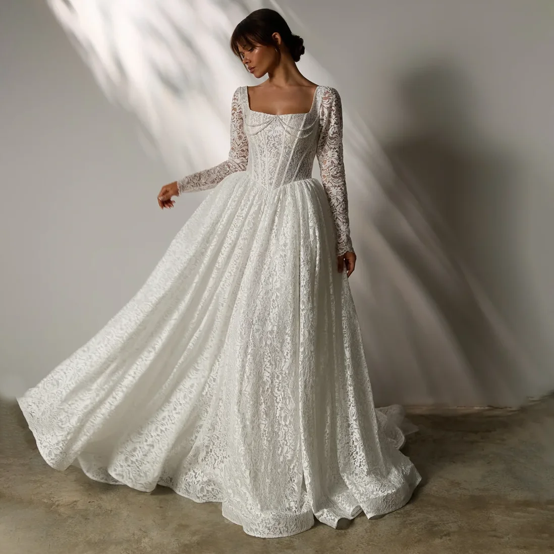 Square Neck Long Sleeves High Slit Bridal Ballgowns Customized Backless Allover Romantic Lace Basque Waist Pearls Boned Lacing