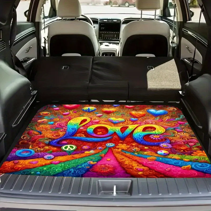 1pc Vibrant Peace Sign Print Polyester Car Trunk Mat - Soft, Durable, Non-Slip, Machine Washable Cargo Liner For SUVs And Cars,
