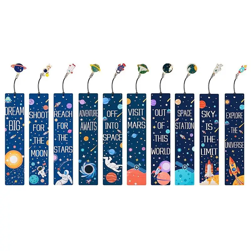 

A29F-10PCS Space Pattern Bookmark Set With Metal Charms Planet Inspirational Quotes Cards For Kids Boys Girls