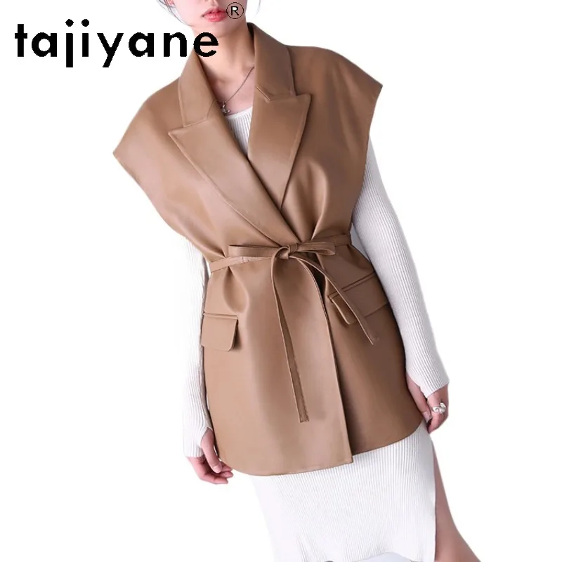 TAJIYANE 100% Top Layer Sheepskin Sleeveless Leather Waistcoat Mid-length Genuine Leather Jacket Women V-neck Veste Femme Slim