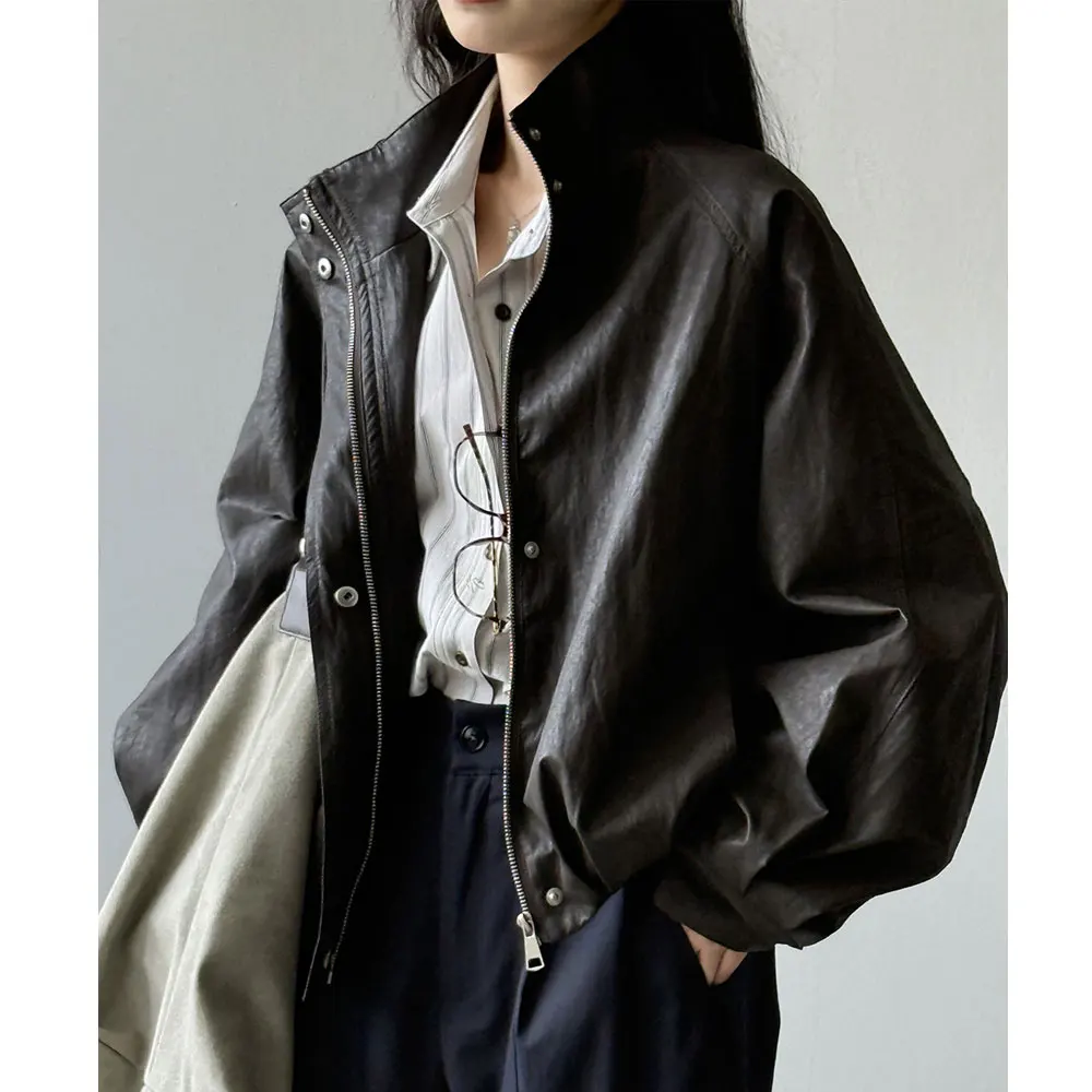 المرأة خمر بولي Leather سترة جلدية معطف الموضة الكلاسيكية الأسود اللون الخريف الربيع سترة باردة فام Casaco Abrigo الشارع الشهير