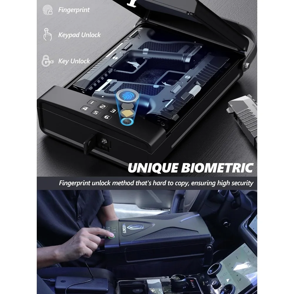 Car Gun Safe, Portable Biometric Safes for Pistols with Cable, Fingerprint & Keypad & Key Access Handgun Lock Box for Vehicle Tr