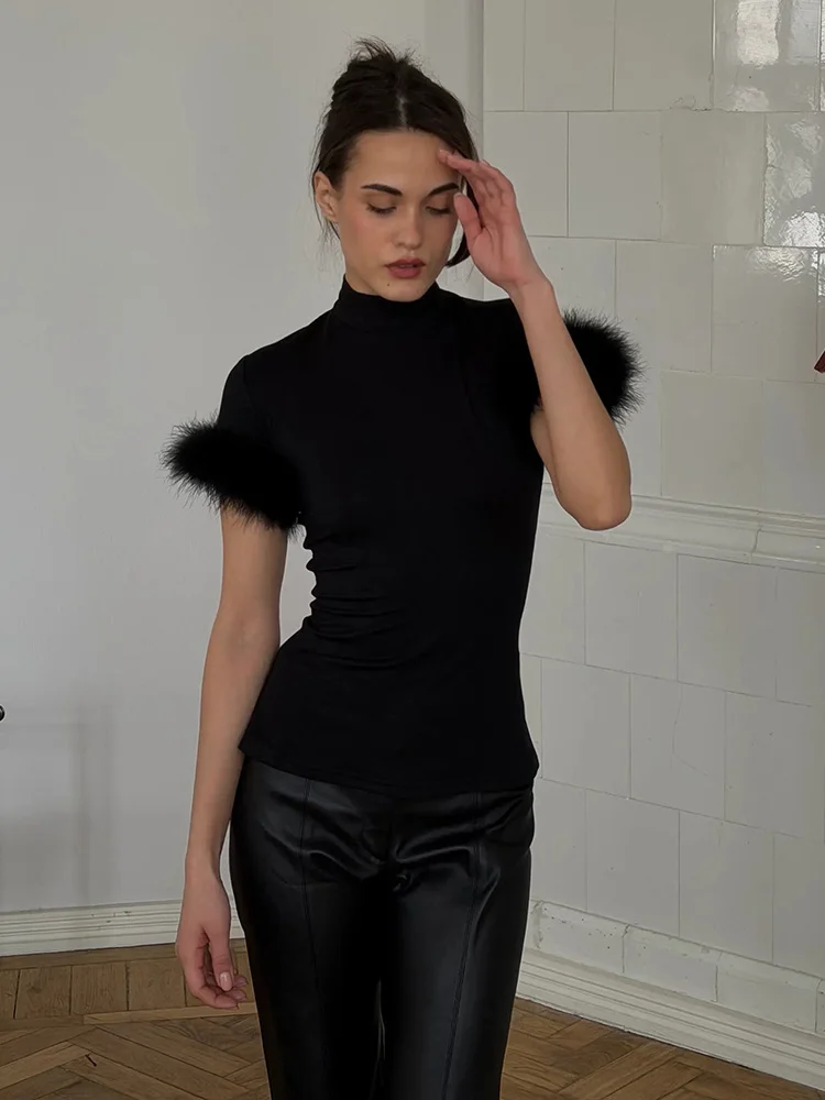 Women's Solid Color Faux Fur Trim Mock Neck T-shirt Fashion Elegant Fitted Short Sleeve Top 2026 Lady  Date Night Tops