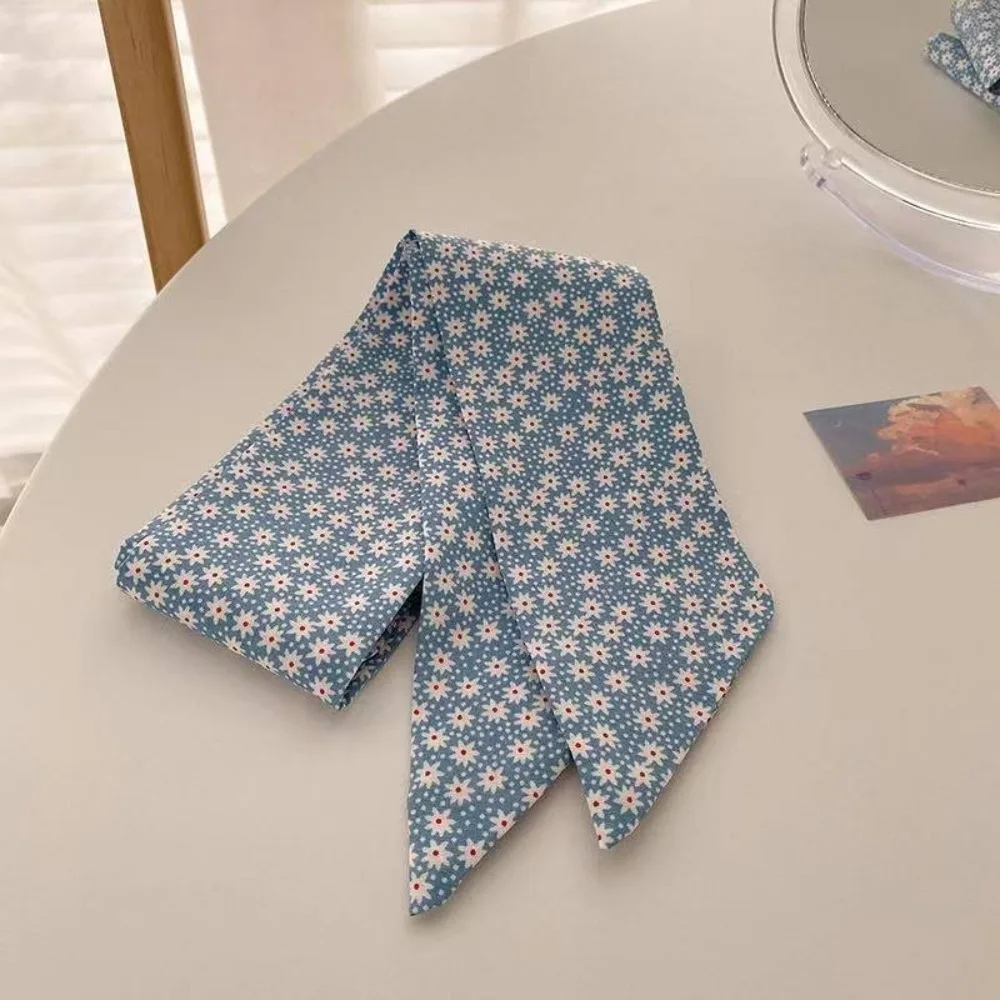 

Korean Style Light Blue Series Polka Dot Hair Band Plaid Pattern Thin Head Band Flower Plaid Long Neck Scarves Hair Accessories