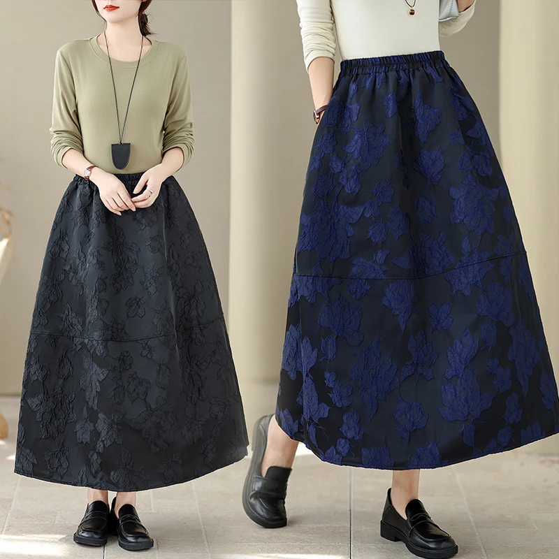 秋冬ハイウエストミディスカート エメッドフローラル カジュアル万能 レディースゴアードスカート Aラインシルエット ゴムウエスト