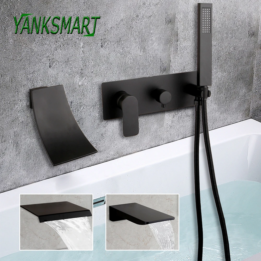 YANKSMART Matte Black Bathroom Faucet Rainfall Shower Hand Waterfall Mixer Tap Bathtub Faucets Wall Mounted Basin Water Tap Set