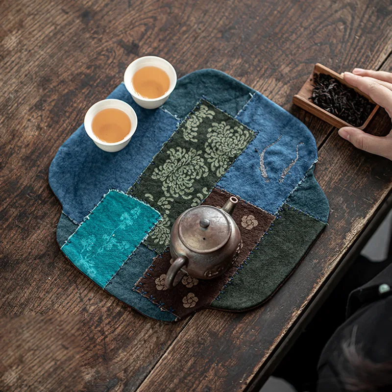 Persimmon-dyed tea mat,handcrafted double-sided tea tray,pot holder,dry brewing pad,hand-stitched embroidered tea cloth,tea flag