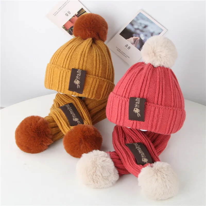 IYEAL Winter Boys And Girls Lovely Knitted Woollen Hats Children\'s Hat Scarf 2-Piece Set Baby Wool Hat Scarf Warm Thick Hat