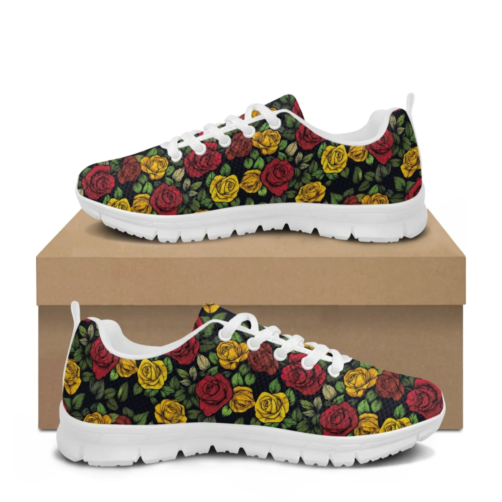 Coloranimal Red Yellow Roses Casual Running Sneakers for Men and Women, Mesh and EVA Sole Athletic Shoes for Outdoor