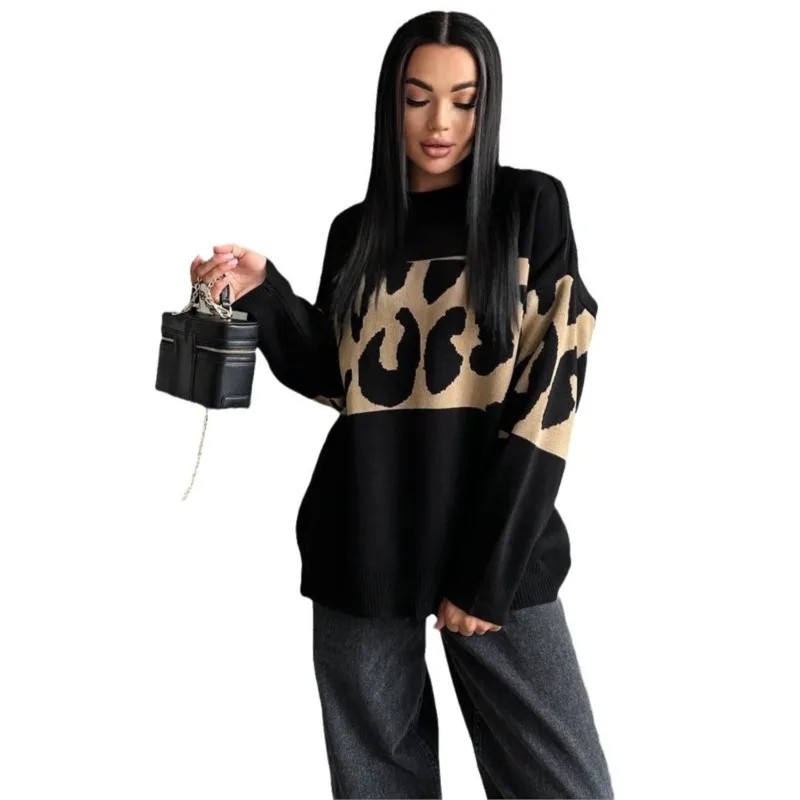 2025 심플 니트 풀오버 스타일 올매치 스웨터 출퇴근 홈웨어 홈 의류 레오파드 프린트 대비 루즈핏 여성용