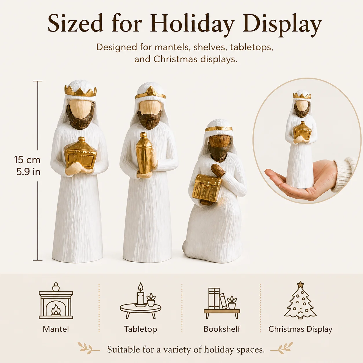 FAMORVIA Christmas Gift Set - Handmade Faceless Resin Figurines with Golden Crown and Golden Gifts - Elegant White