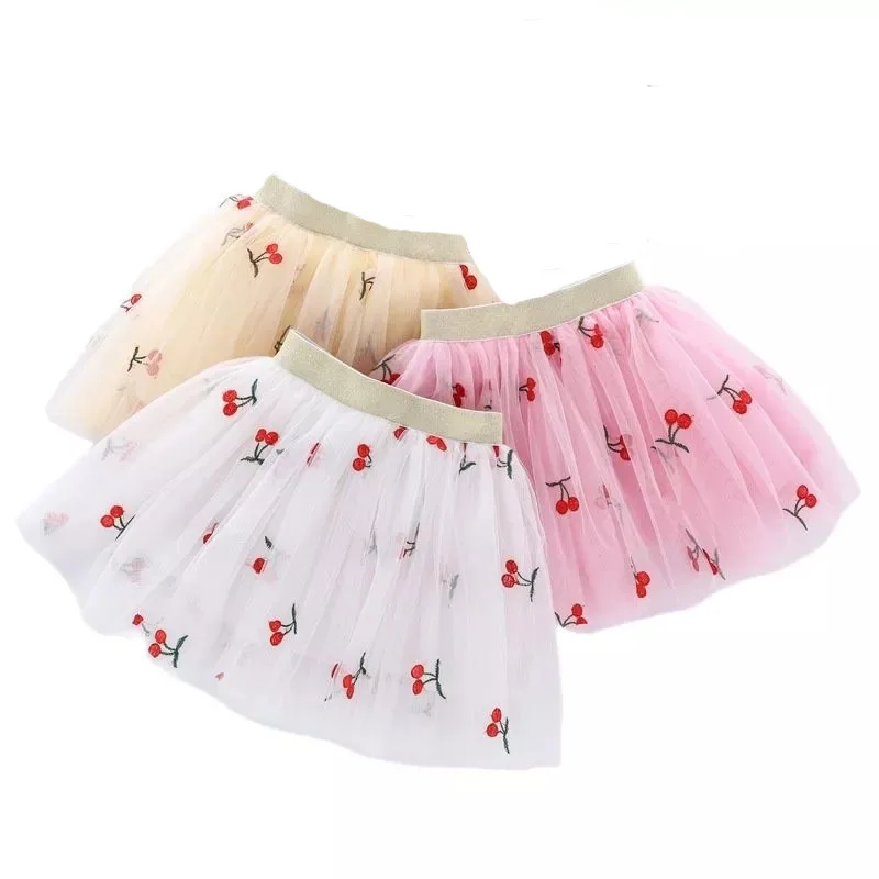 Cute Embroidered Girls Mesh Princess Tutu Skirt Summer Chlid Fashion Pleated Skirts Valentine\'s Day Party Dance Clothes 2-12T