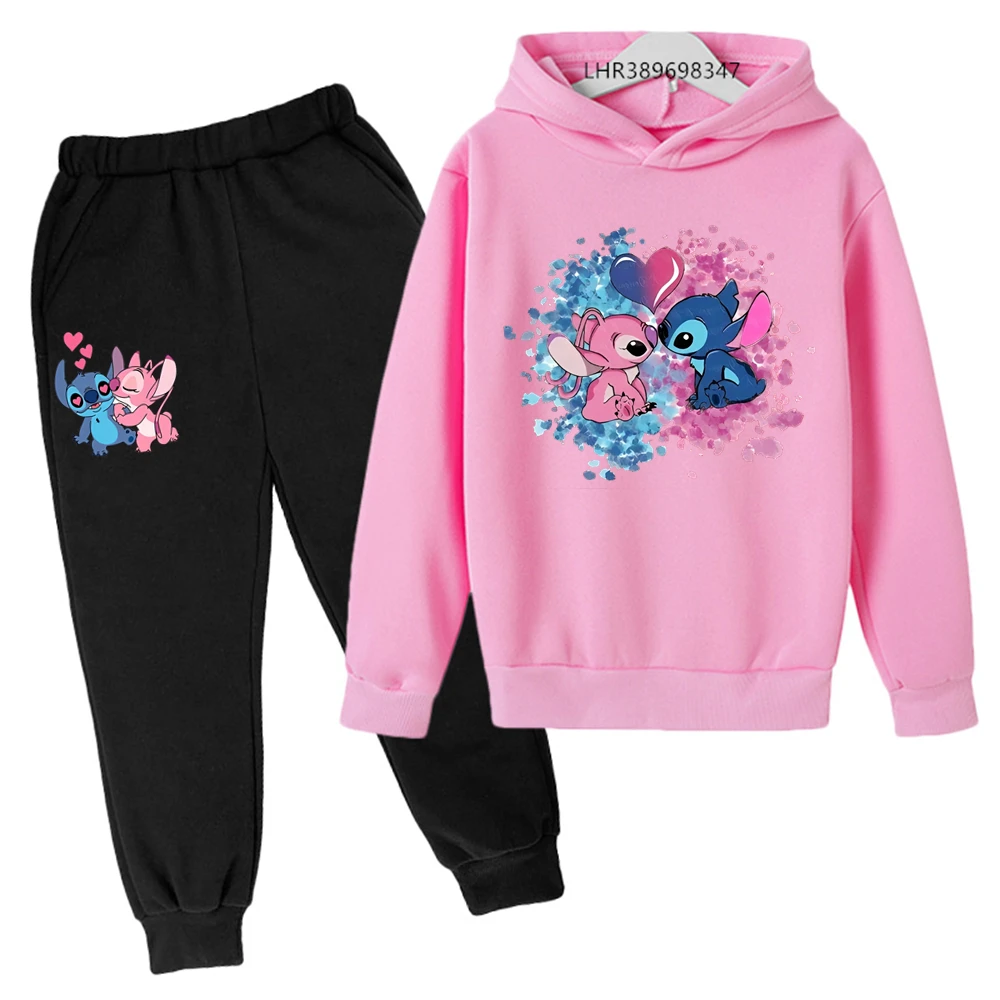 Pink Children Hoodie Stitch Cartoon Print Sweatshirt +Pants Boys Girls Toddler age 3-12 Girls Clothes Pullover Sport Kids Set