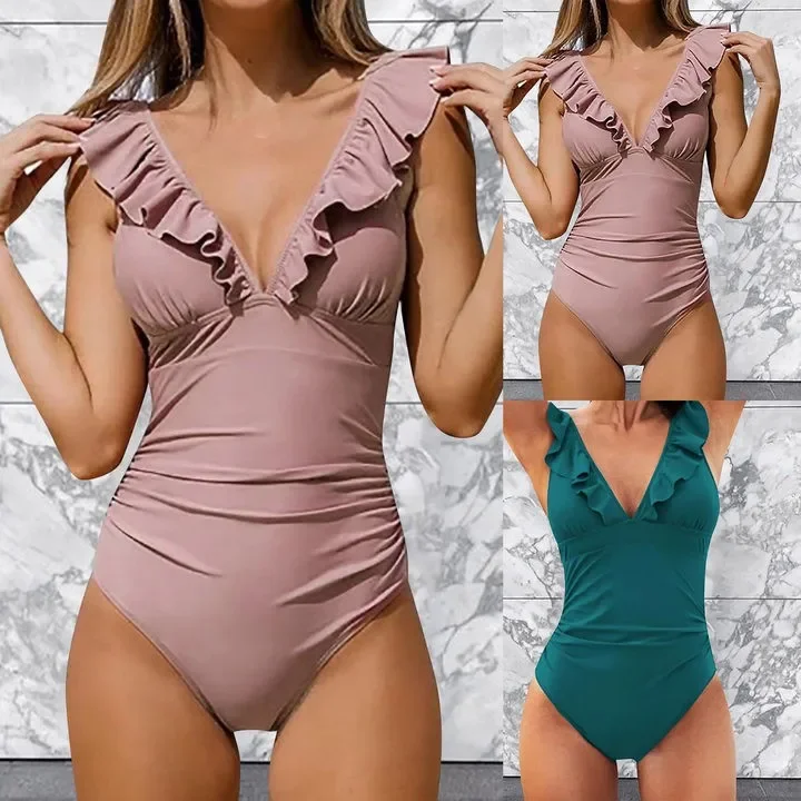 Novedad de verano, traje de baño Multicolor con volantes y cuello de pico para mujer, traje de baño deportivo de una pieza para mujer, Bikinis cómodos para exteriores de talla grande