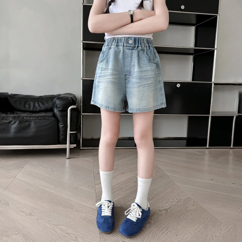 Big Girls Mid Waist Washed Blue Rhinestone Denim Shorts 6-14Y Loose A-line Thin Breathable Wear Resistant Summer Casual Shorts