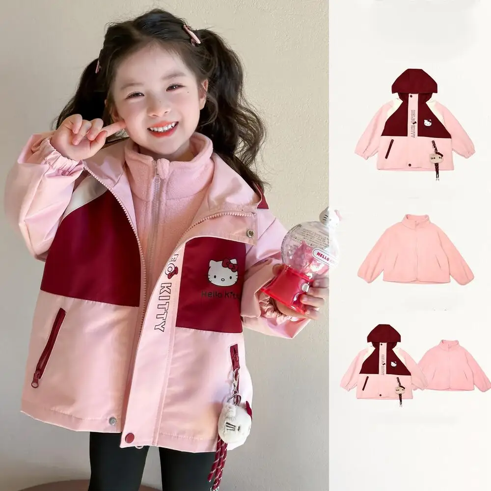 

Sanrio Hello Kitty Girls' Color Blocked Outdoor Jackets 3-In-1 Detachable Children's Autumn/winter Clothing Elegant Casual Coat