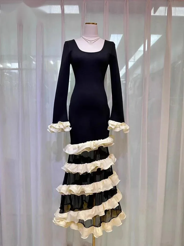 

Fashion Autumn Spring Black Evening Dress Women O-Neck Flare Sleeve Patchwork Contrast Color Ruffle Slim Dresses New 39S4H
