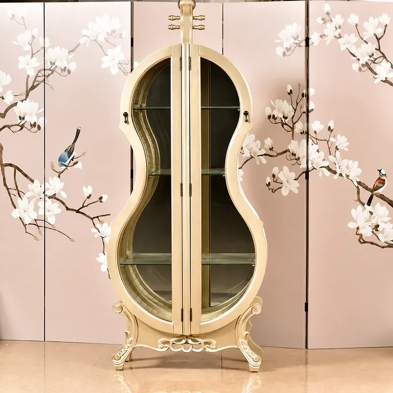 Solid Wood Carved Flower Double Door Glass Wine Cabinet Living Room Decorative Display Locker for Bottle Storage