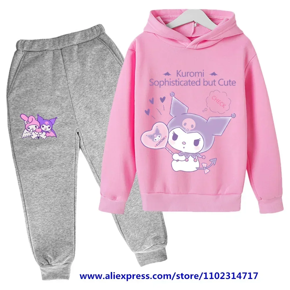 Hello Kitty Casual Funny Tracksuit Boys Kuromi Hoodies Kids Hoodies Long Pants 2pcs Sets Kids Sweater Clothing