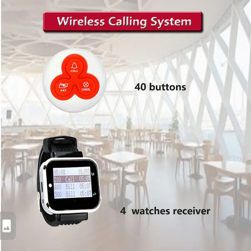 QWICALL Wireless Calling System 40 Calling Button 4 Watch Pager for Restaurant, Cafe, Bar Wireless Service Call Bell Paging