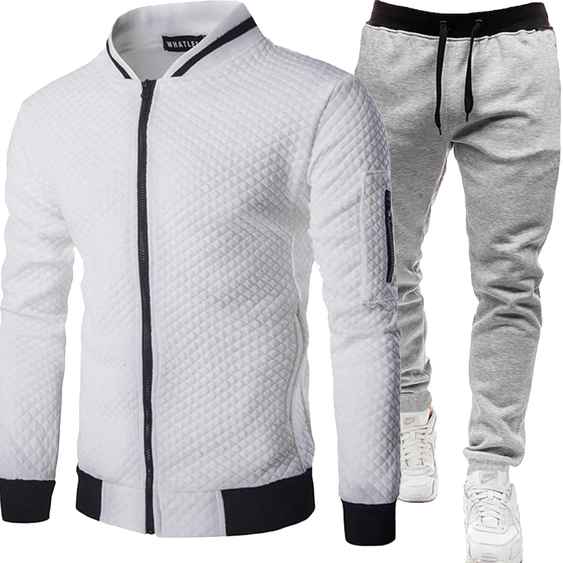 Herren Gesteppte Bomberjacke Trainingsanzug Herbst Winter Reißverschluss-Cardigan Sweatshirt Jogginghose Zweiteiliges Casual Sportbekleidungs-Set – Detail 10