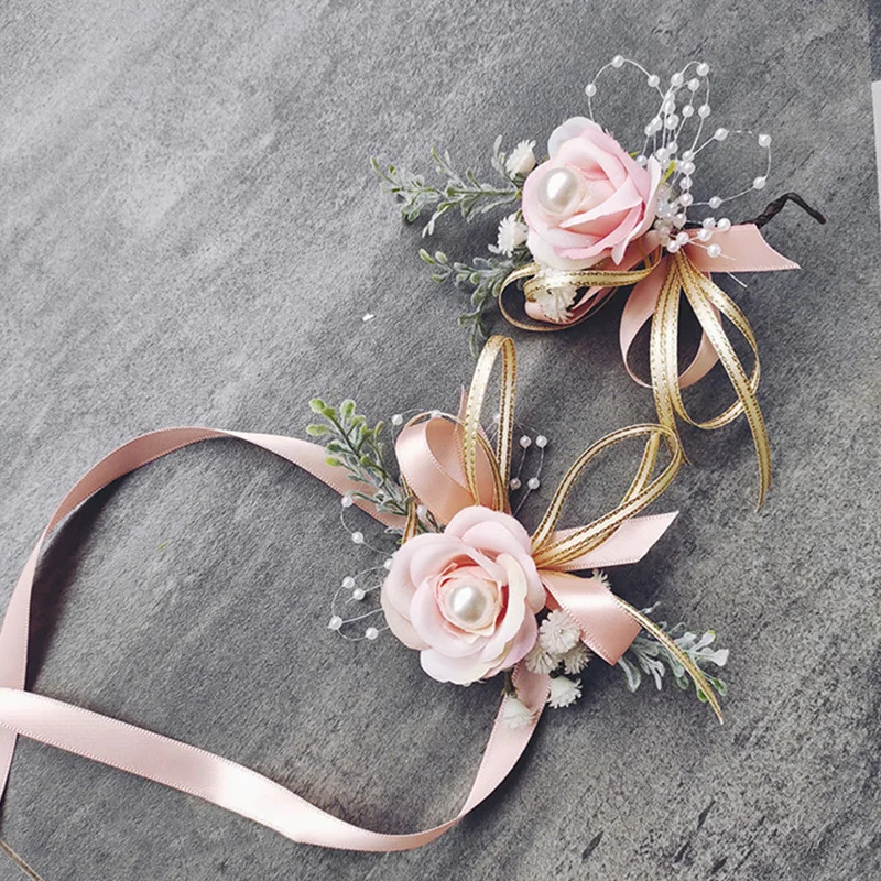 Artificial Girls Bridesmaid Wrist Flowers Handmade Wedding Prom Party Boutonniere Rose Bridal Hand Flowers Wedding Accessories