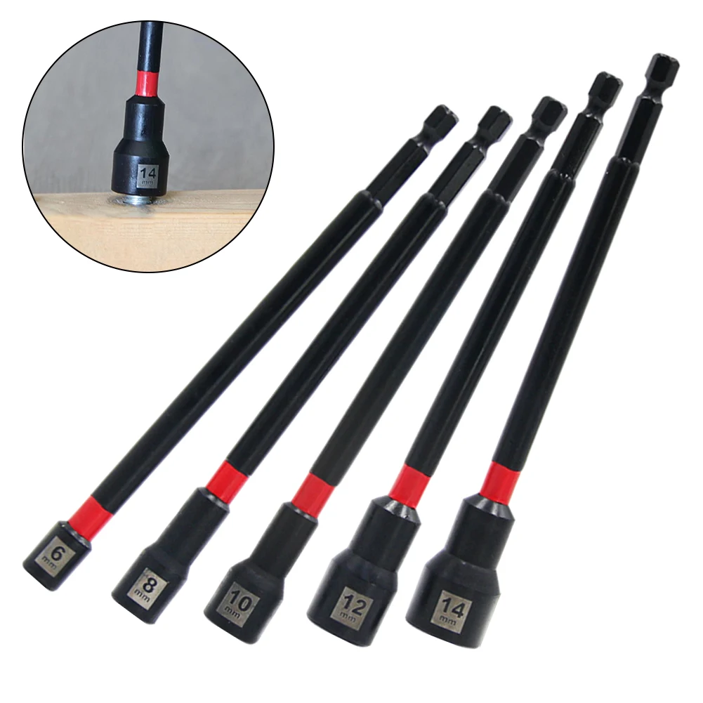 5PCS 6 Inch Magnetic Nut Driver Set Long Nut Driver For Impact Drill Hex Socket Adapter 6/8/10/12/14mm Alloy Steel Screwdrivers
