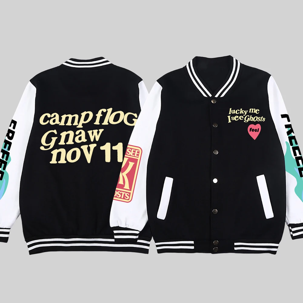 

Kanye West Jacket For Men Hip Hop Street Baseball Uniform Lucky Me I See Ghosts Fashion Print y2k Coat Warm Oversized Jackets