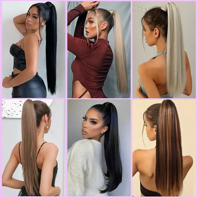 Long Straight Clip in Ponytail Extensions for Women Natural Synthetic Wrap Around Ponytail False Hair Black Straight Horse Tail