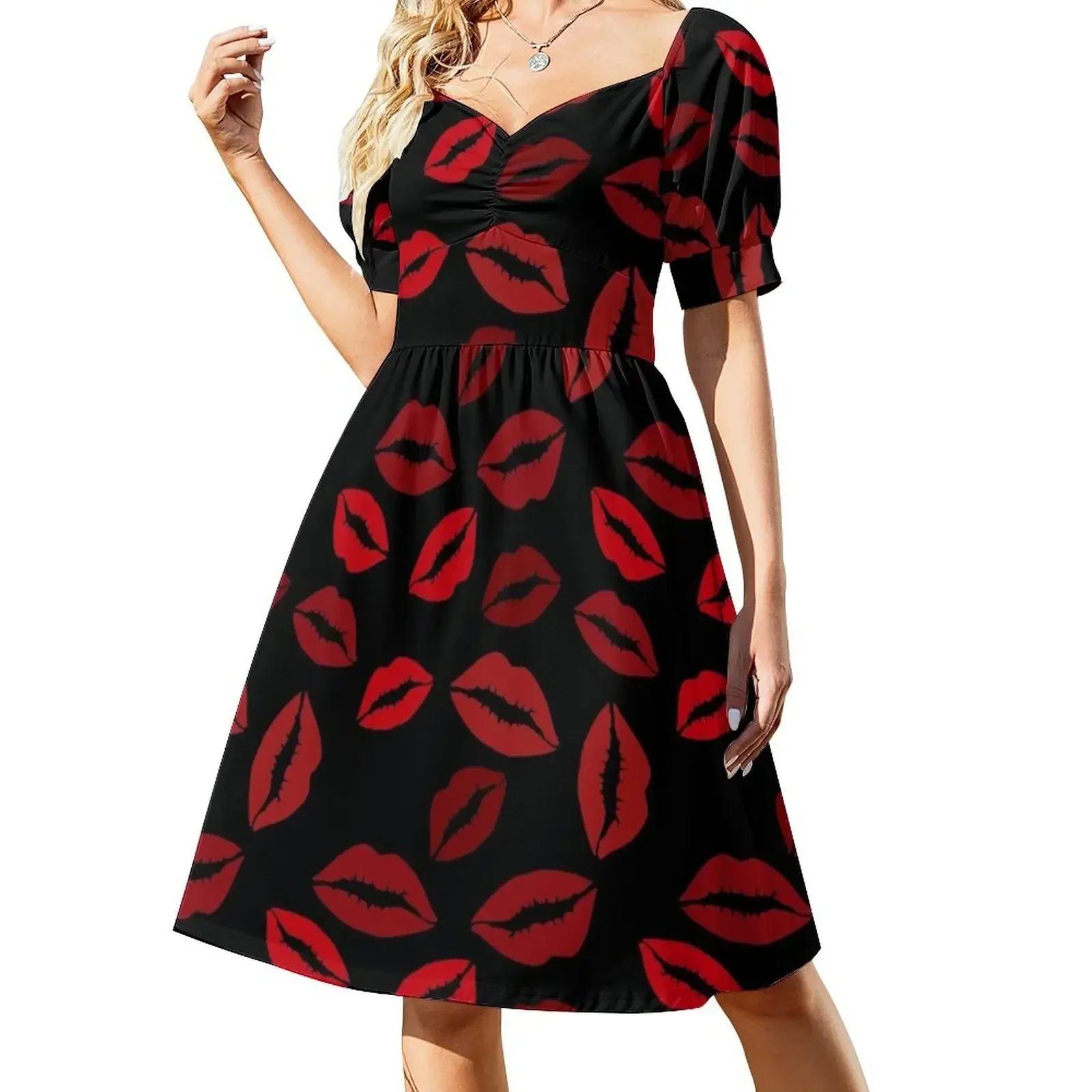 

Seamless pattern of red lips on black background Sleeveless Dress Dress for pregnant women Woman dresses Dress