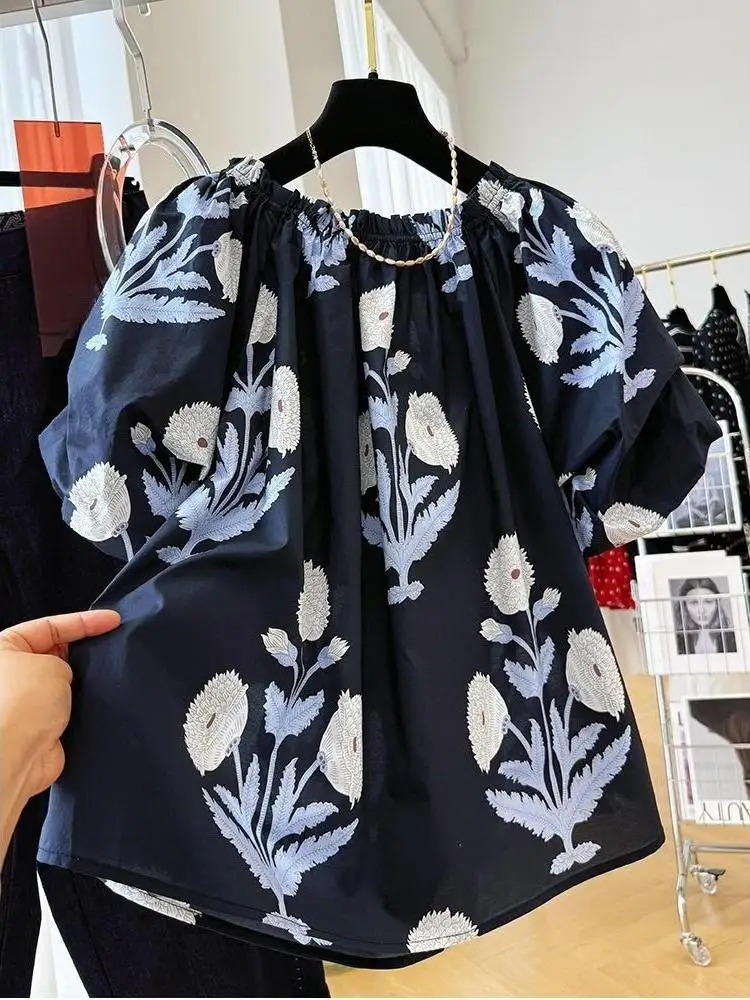 

Retro Printed Puff Short Sleeved Shirt Off Shoulder Top Women's Summer Causal Sweet Shirts