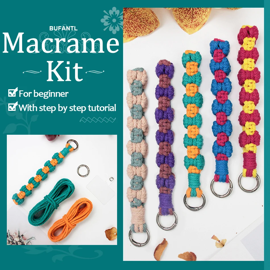Handmade Woven Bow Tie Wristlet key Chain Macrame Kit With Tutorial For Beginners Hand DIY Bow Key Chain Phone Pendant Lanyard