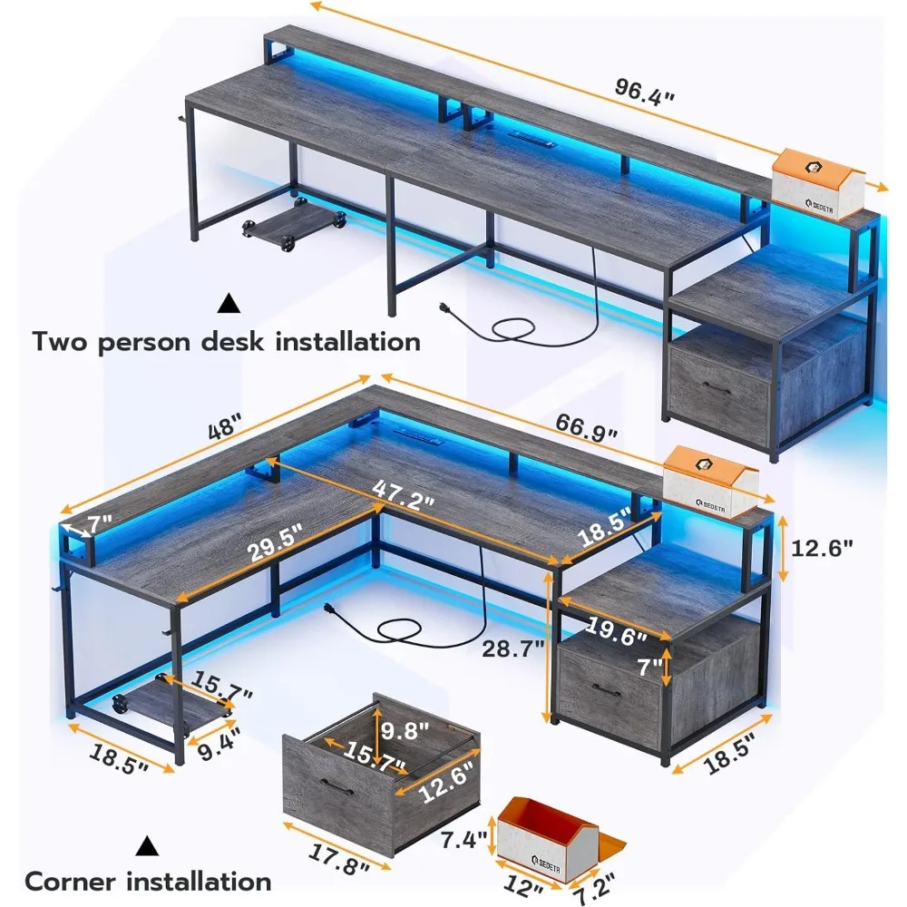 Mesa de escritório em forma de L, mesa de casa de 66 polegadas com armário de armazenamento e tomada de energia, mesa de computador de canto com luzes LED