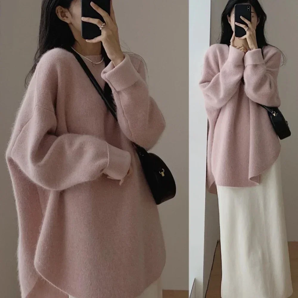 Knitted Top for Women Round O Neck Black Ladies Sweaters Red Long Pullovers Pink Streetwear Winter Thermal Blouse Warm Modern