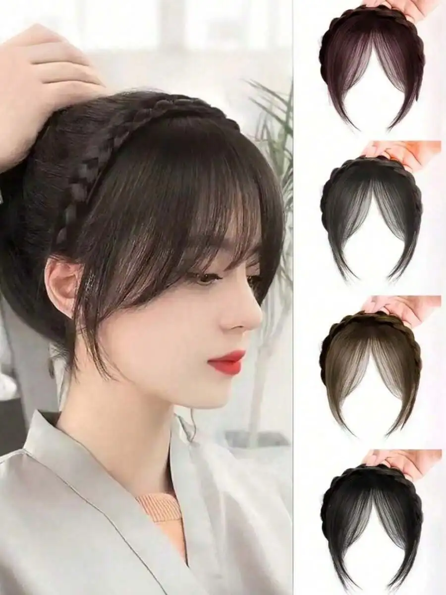

Heat-Resistant Synthetic Braided Headband With Full Bangs For Short Hair Styling And Wig Enhancement