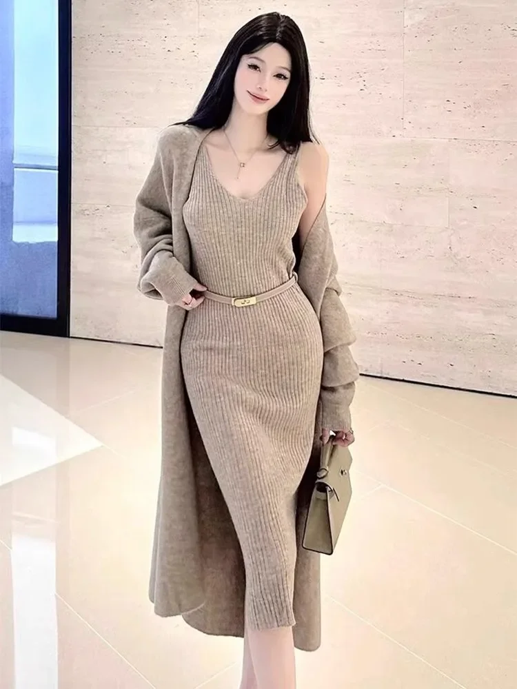 

Women Graceful Spring Autumn V-Neck Sleeveless Dress Long Coat Two Piece Set Lady Solid Loose Sweater Jaket Tank Dresses Outfits