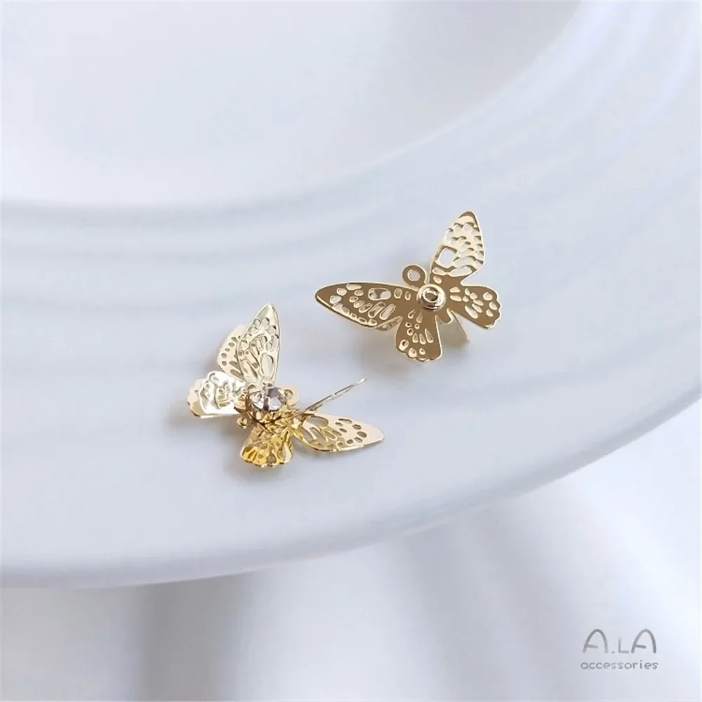 

14K Gold Color Plated Brass Zircon Three-dimensional Butterfly Dragonfly Pendant Diy Earpiece Hairpin Pendant