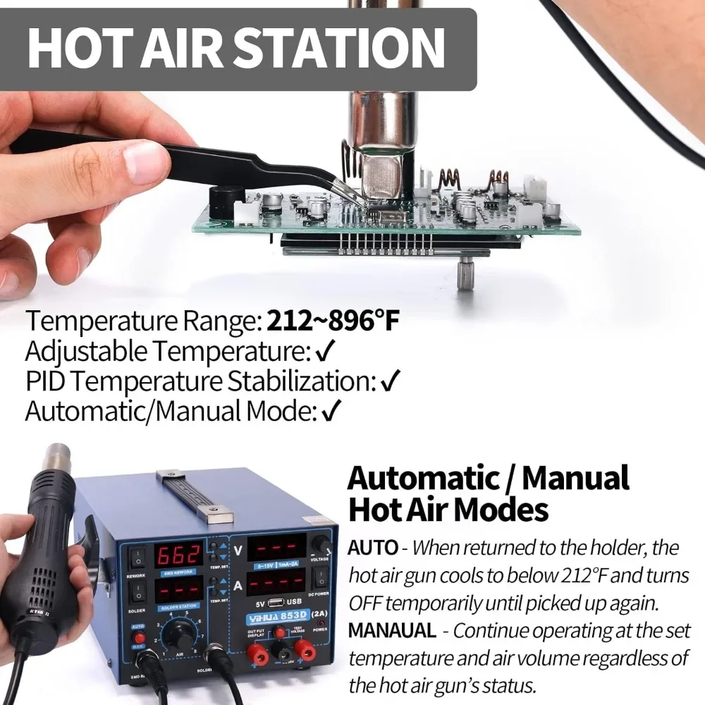 2a Usb Smd Hete Lucht Herwerken Soldeerbout Station, Dc Voeding 0-15V 0-2a, 5 V Usb Laadpoort 35 Volt Dc Spanning Test Meter