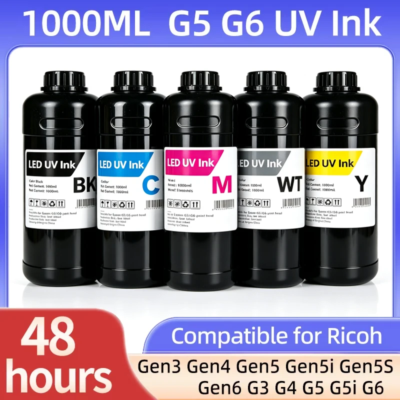 1000ML LED Curable UV Ink For Ricoh G5 G6 Gen3 Gen4 Gen4L Gen5 Gen5i Gen5S Gen6 G3 G4 G5i Printhead Rigid & Flexible Type UV Ink
